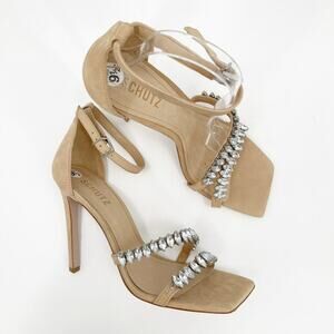 SCHUTZ Linsey Heels Size 9.5 Nubuck Leather Light Nude Rhinestone Square Toe